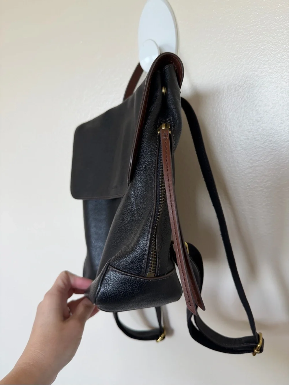 FOSSIL Black Pebbled Leather Backpack with Brown Trim